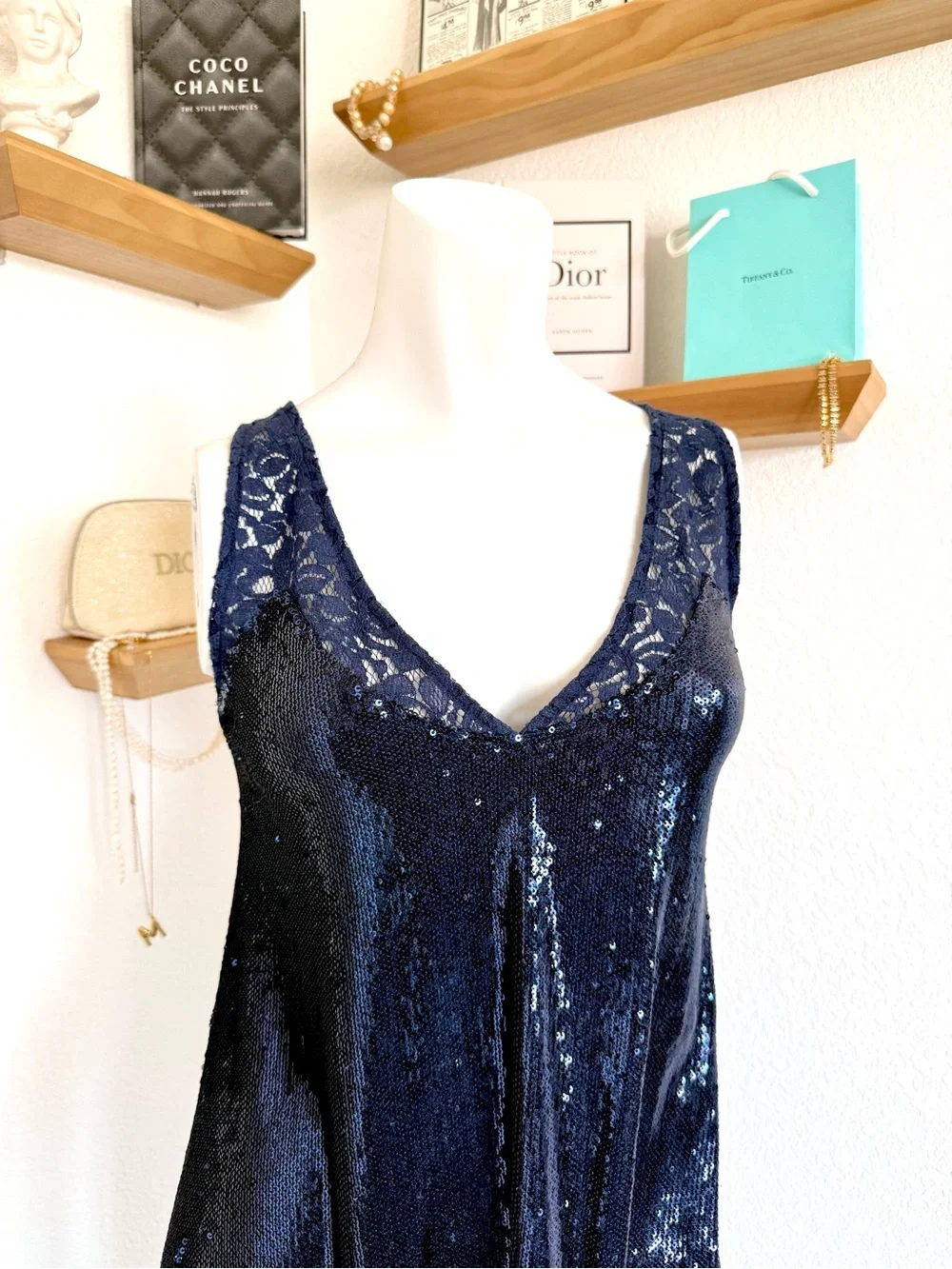 EUC Free People intimately Navy Sequin Lace Slip Dress Size S